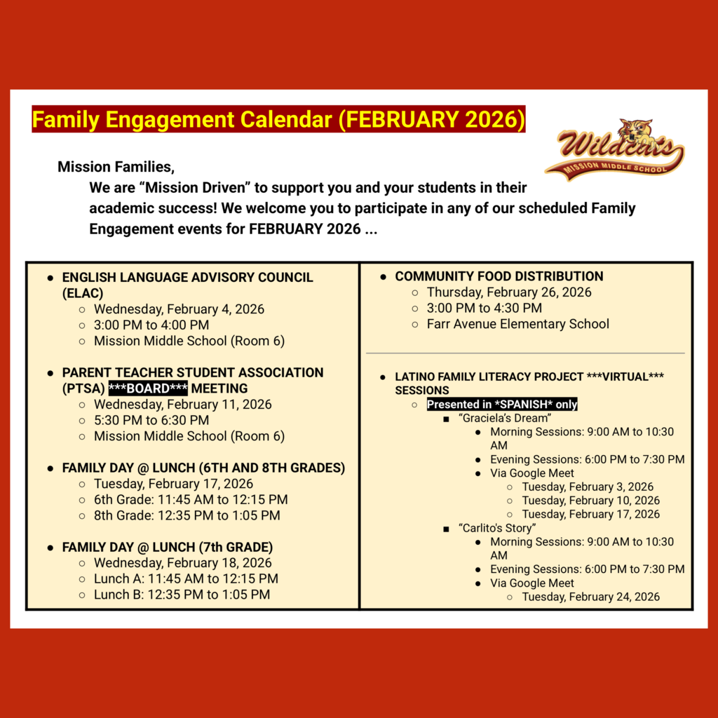 Page 1 (of 2) of the English language Family Engagement Calendar for February 2026