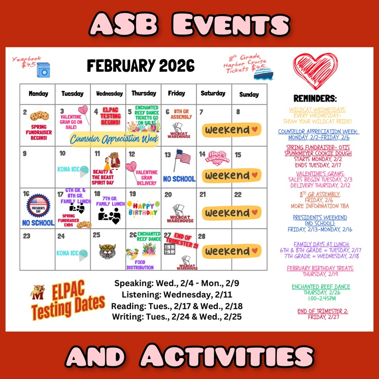 A calendar of ASB Events and Activities for February 2026