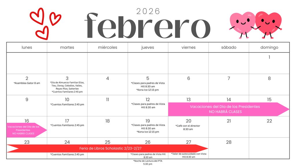 Feb 2026 Parent Calendar Spanish 