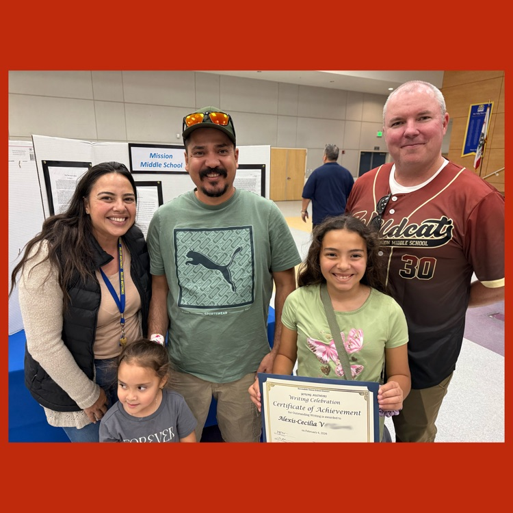 6th Grader Alexis-Cecilia V., her family, and Principal Jason Hoff