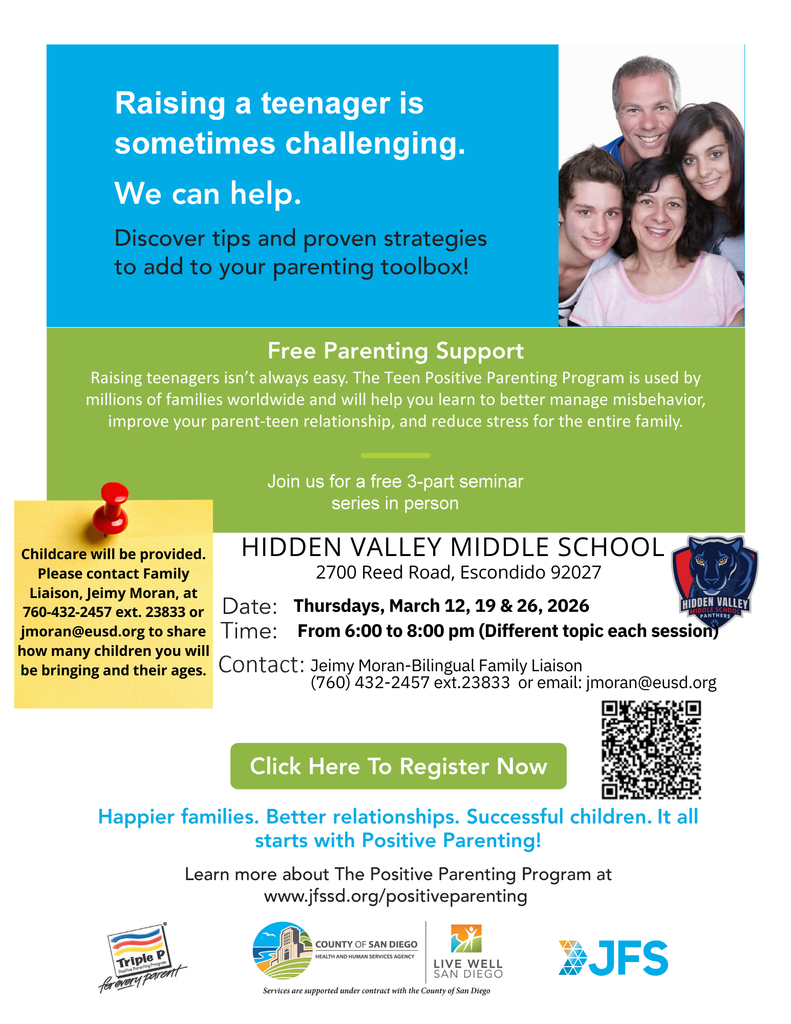 Flyer advertising a free parenting seminar at Hidden Valley Middle School. It promotes Teen Positive Parenting classes on March 12, 19, and 26, 2026, from 6:00 to 8:00 p.m. Childcare is provided. Contact information for Family Liaison Jeimy Moran is included, along with a registration button, QR code, and partner logos. English