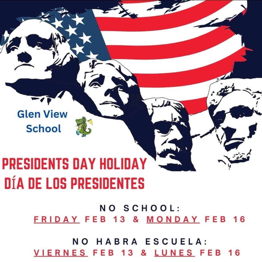 Flyer for presidents day, american flag in background and the presidents statues 