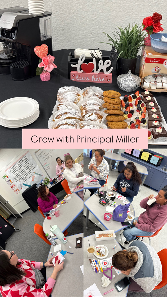 Principal Miller, staff and parents enjoying coffee and creating valentines