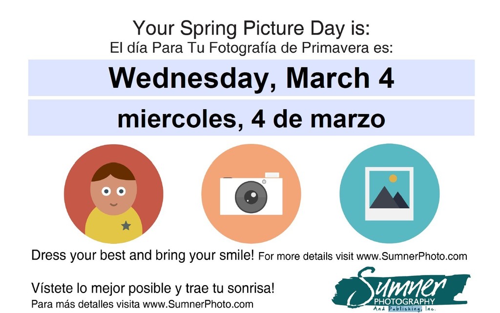Flyer about picture day, there are cartoon circles, one of a student, one of a camera and one of a picture.