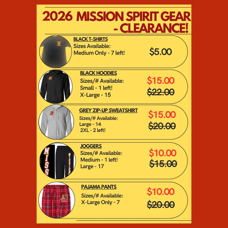 A flyer for the Mission Spirit Gear Clearance Sale