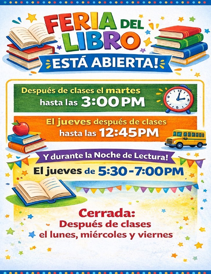 Book fair flyer with books and stars, letting parents know when its open and reminder about reading night 
