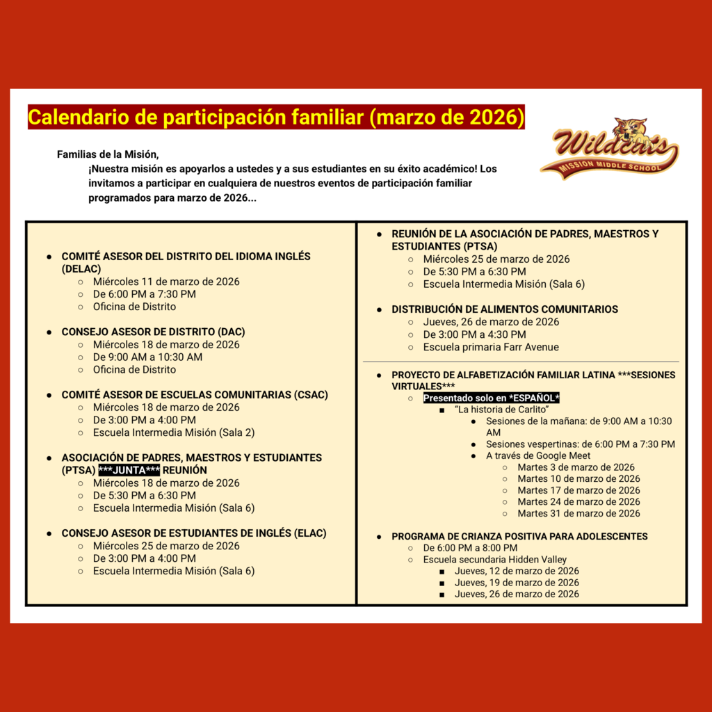 Page 1 (of 2) of the Spanish language Family Engagement Calendar for March 2026