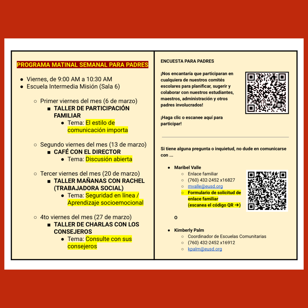 Page 2 (of 2) of the Spanish language Family Engagement Calendar for March 2026