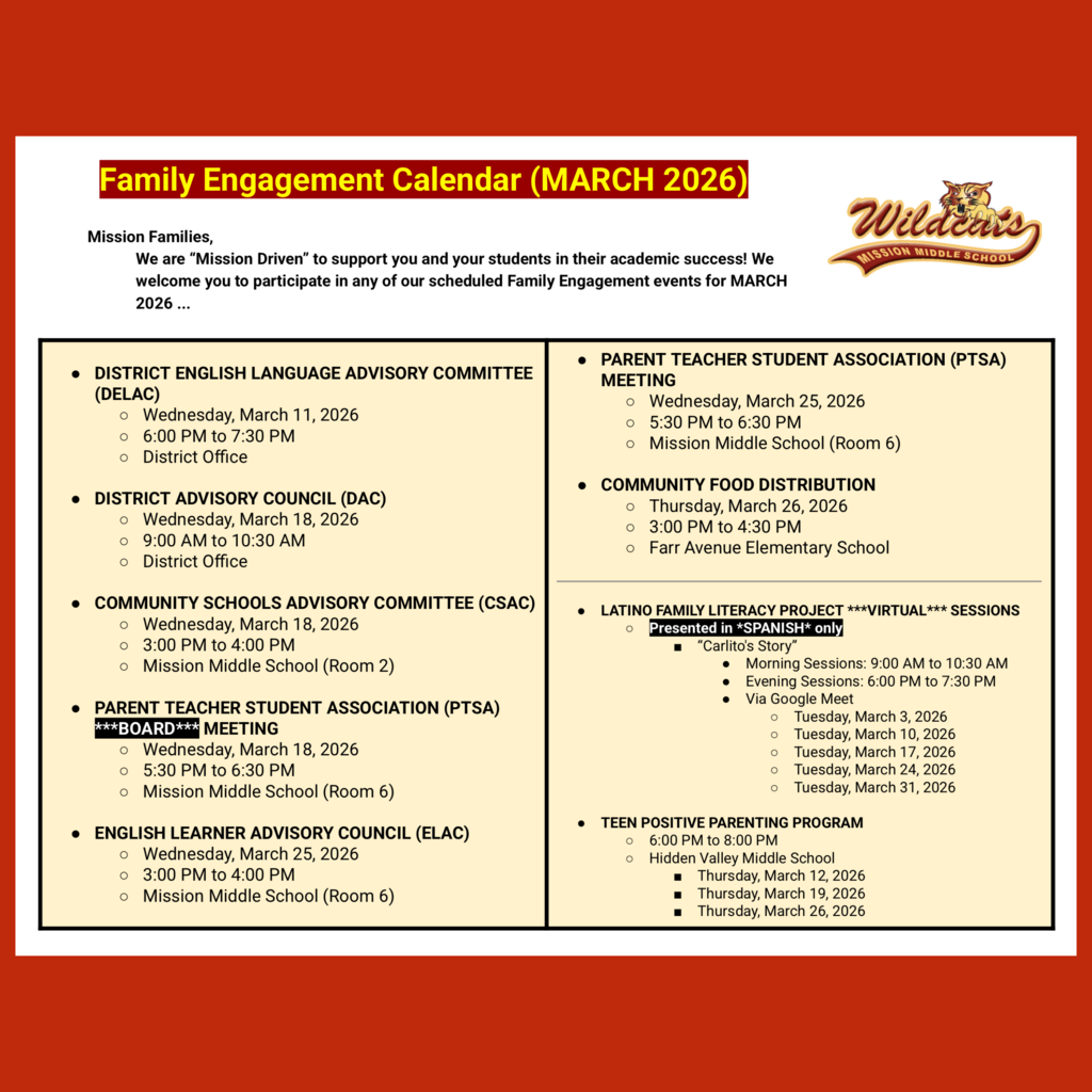 Page 1 (of 2) of the English language Family Engagement Calendar for March 2026