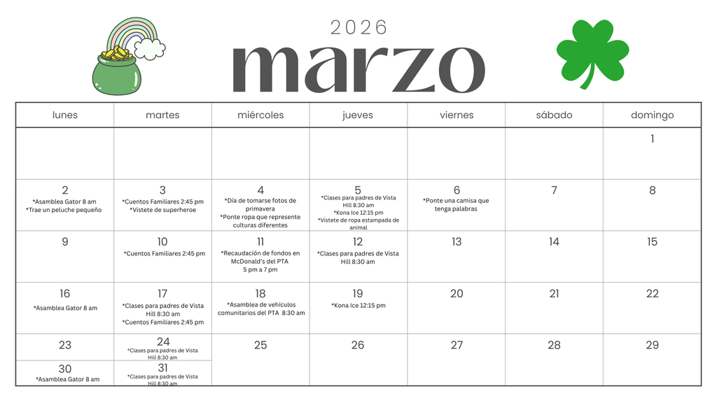 March 2026 Parent Calendar Spanish