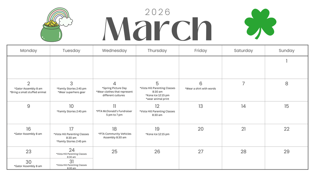 March 2026 Parent Calendar English 
