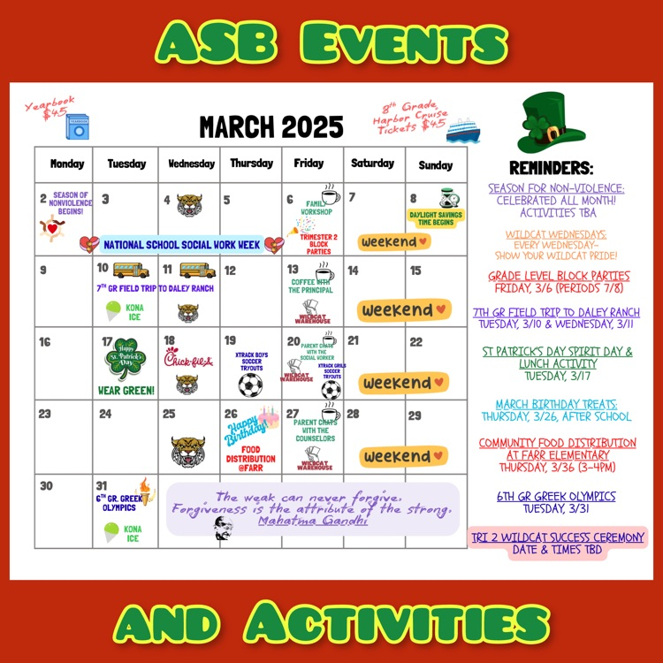 A calendar of ASB Events and Activities for March 2026