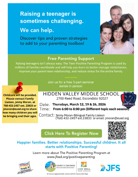 Flyer for a 3 Part Positive Parenting Series at Hidden Valley Middle School