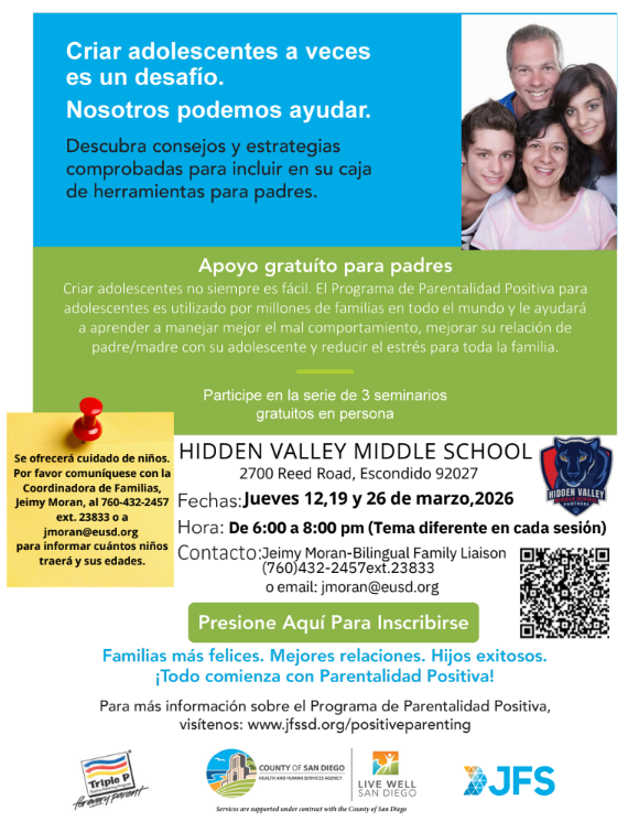 Flyer in Spanish for a 3 Part Positive Parenting Series at Hidden Valley Middle School