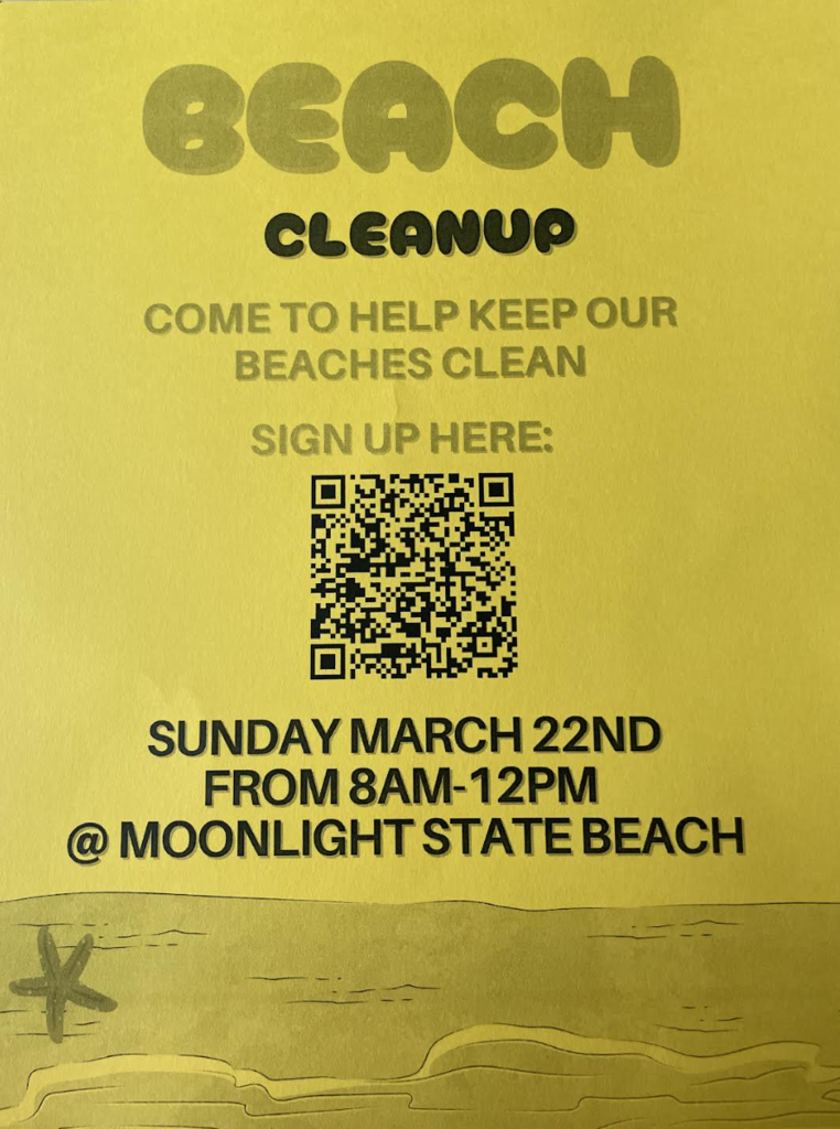 Beach Cleanup flyer with QR code Sunday March 22nd 8AM-12PM Moonlight State Beach to keep beaches clean