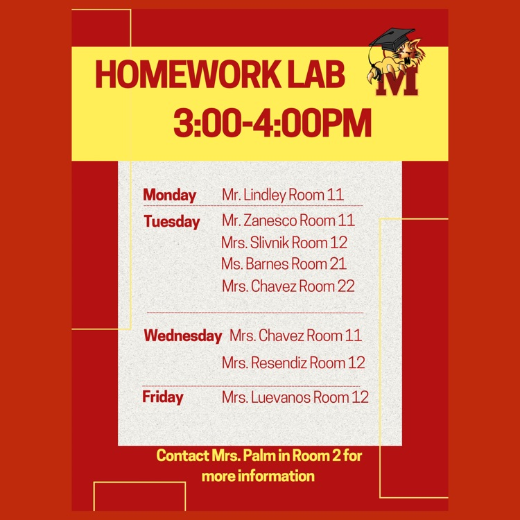 A flyer featuring days, times, and teachers for Homework Lab