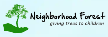 Logo of Neighborhood Forest with a green tree on a hand and text reading 'giving trees to children