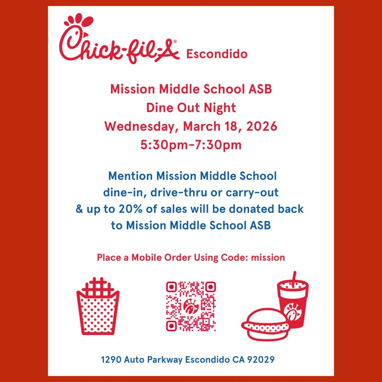 An English language flyer for the Mission Middle School ASB Fundraiser at Chick-fil-A