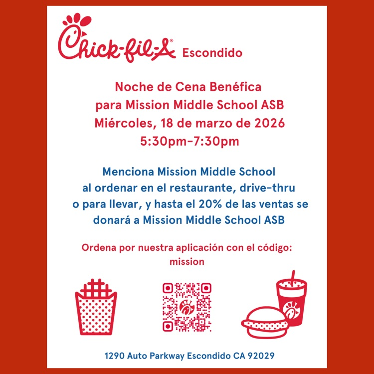 A Spanish language flyer for the Mission Middle School ASB Fundraiser at Chick-fil-A