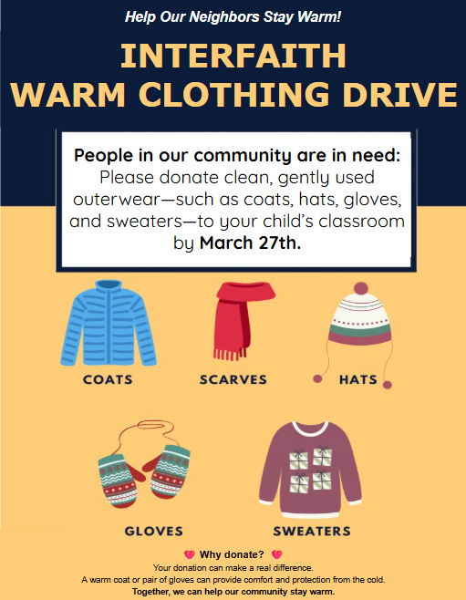 Interfaith Warm Clothing Drive flyer for March 2026