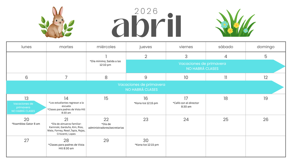 April 2026 Parent Calendar Spanish 