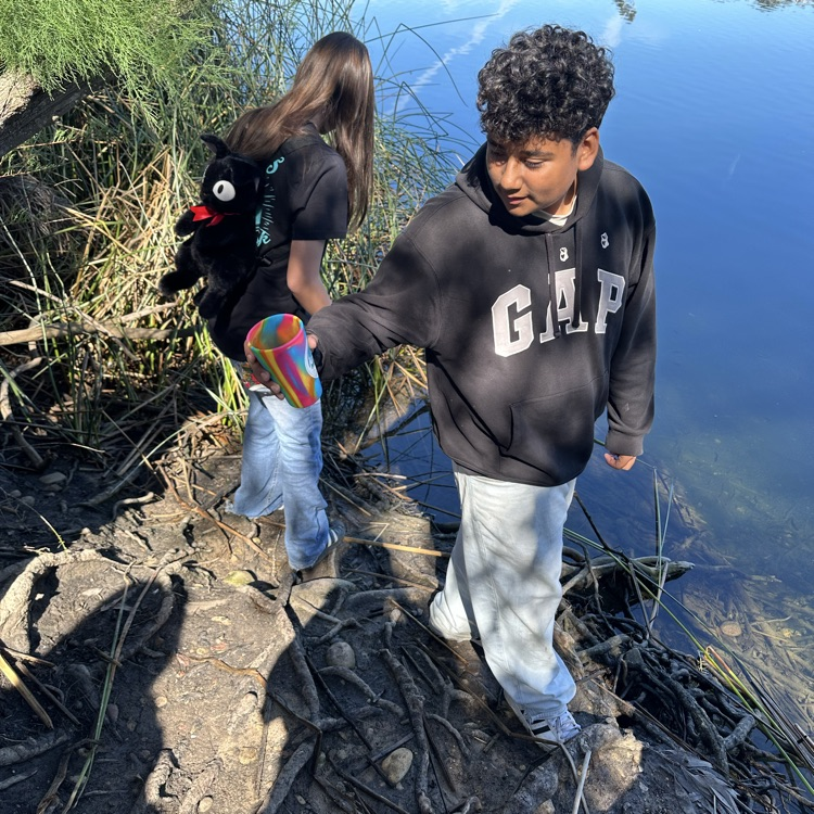 a student releasing trout at Miramar lake.