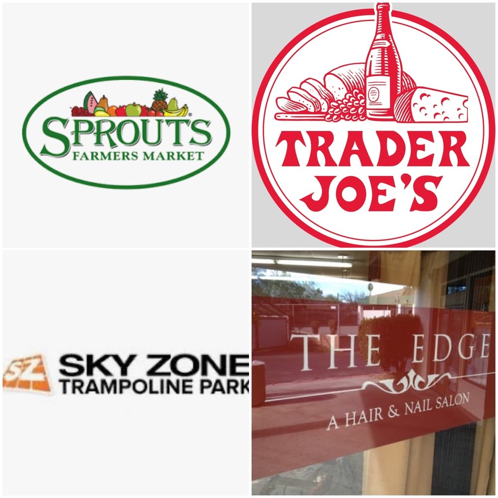 Sprouts Farmers Market, Trader Joes, SkyZone and The Edge logos