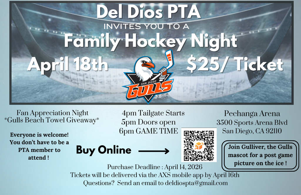 Del Dios PTA Family Hockey Night Flyer. Two hockey sticks on the background in a hockey stadium. Logo of San Diego Gulls team. with eagle mascot holding a hockey stick. 