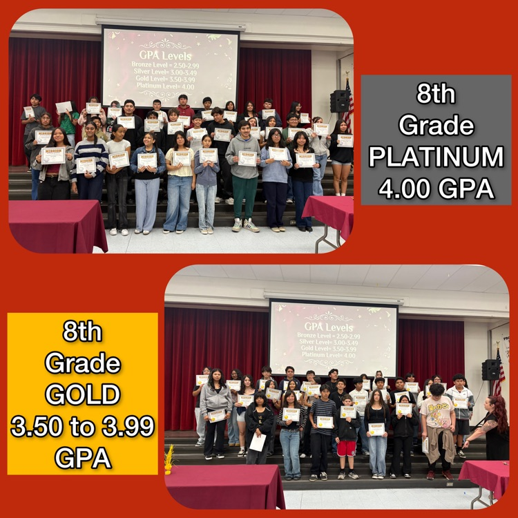 A collage of the 8th Grade Platinum (4.00 G.P.A.) and Gold honorees (3.50 to 3.99 G.P.A.)
