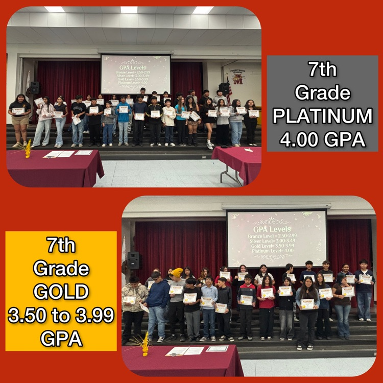 A collage of the 7th Grade Platinum (4.00 G.P.A.) and Gold honorees (3.50 to 3.99 G.P.A.)