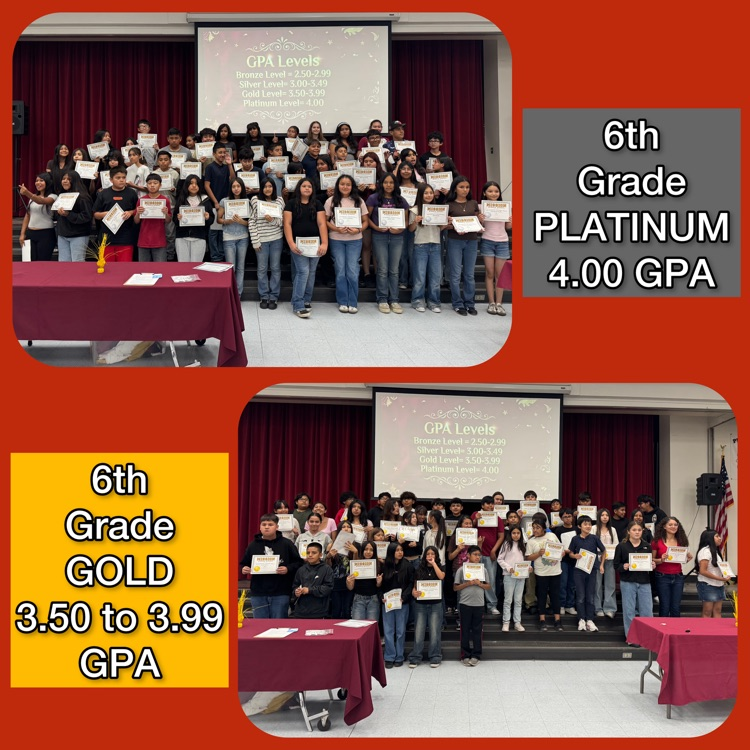 A collage of the 6th Grade Platinum (4.00 G.P.A.) and Gold honorees (3.50 to 3.99 G.P.A.)