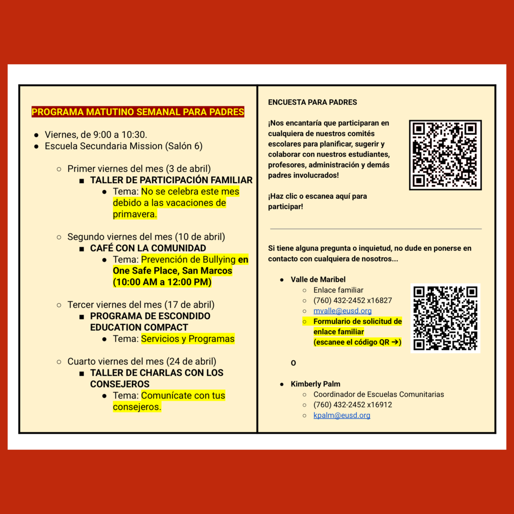 Page 2 (of 2) of the Spanish language Family Engagement Calendar for April 2026