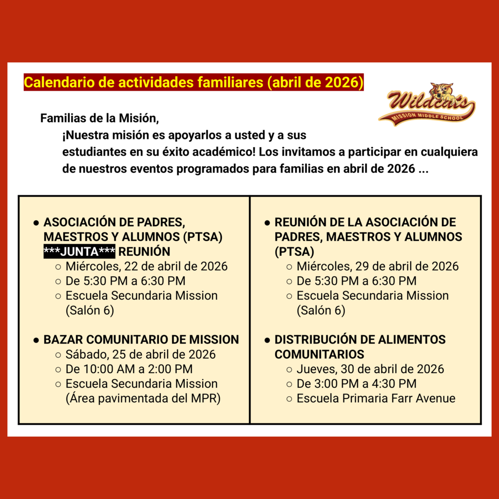 Page 1 (of 2) of the Spanish language Family Engagement Calendar for April 2026