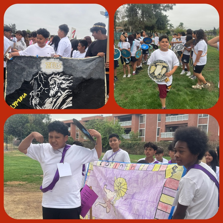 A collage of 6th Grade Greek Olympics highlights featuring banners and shields from the Opening Ceremony