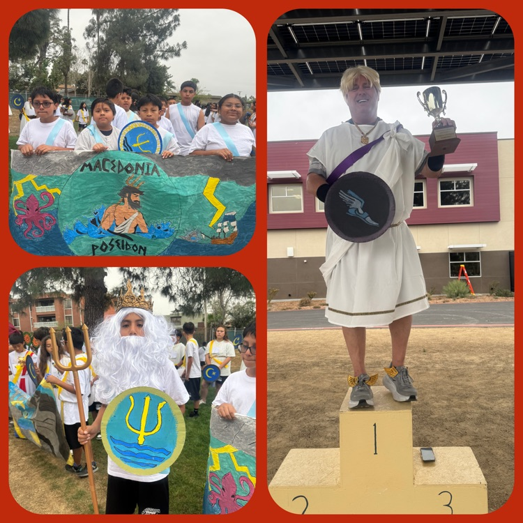 A collage of 6th Grade Greek Olympics highlights featuring more banners and shields from the Opening Ceremony and a trophy presentation for best Teacher Costume