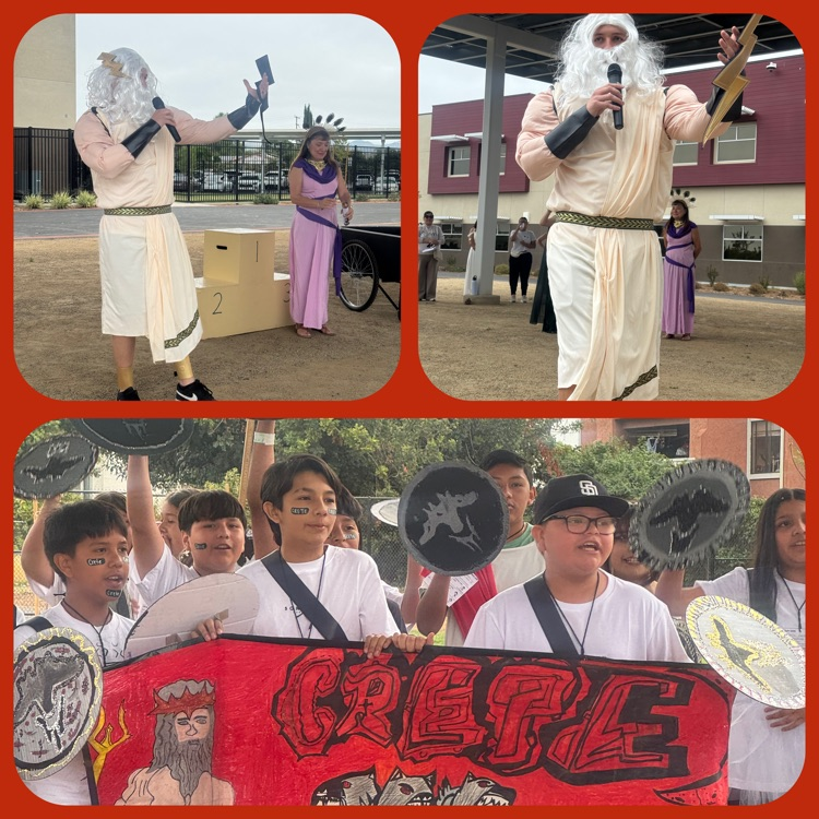 A collage of 6th Grade Greek Olympics highlights featuring more banners and shields from the Opening Ceremony and an address from Zeus and Hera