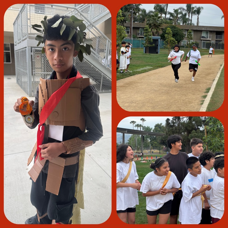 A collage of 6th Grade Greek Olympics highlights featuring the Gold Medal winner for Best Student Costume, the Relay Race, and 6th Grade students cheering on their peers
