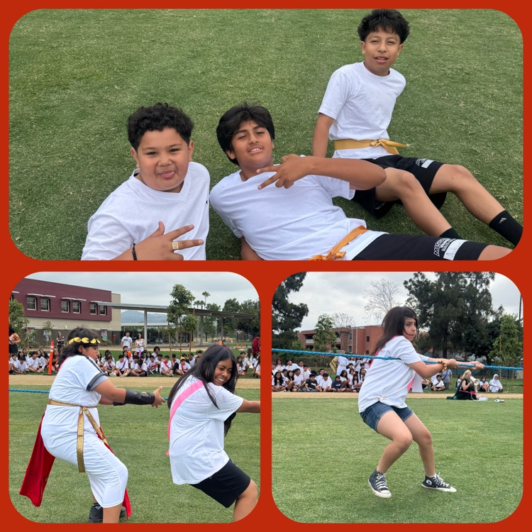 A collage of 6th Grade Greek Olympics highlights featuring students resting and mugging for the camera between competitions and the Tug of War
