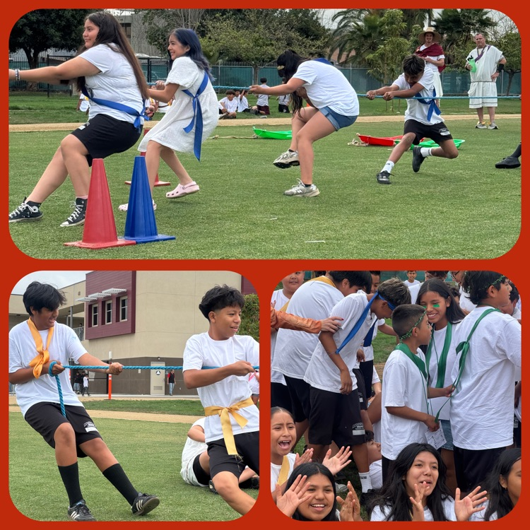 A collage of 6th Grade Greek Olympics highlights featuring the Tug of War and 6th Grade students cheering on their peers during the Tug of War