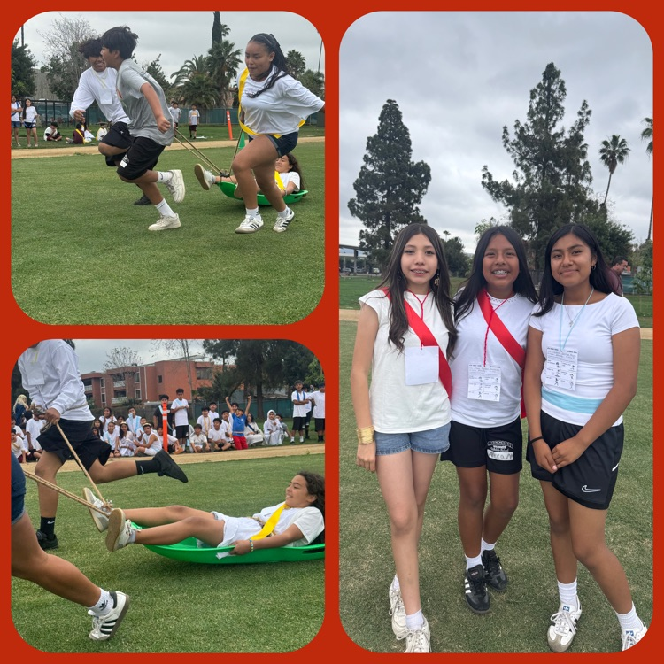 A collage of 6th Grade Greek Olympics highlights featuring the Chariot Sled competition and 6th Graders posing for the camera