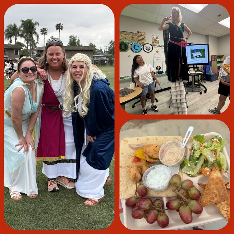 A collage of 6th Grade Greek Olympics highlights featuring a group photo of 6th Grade teachers, Mrs. Adams trusting the strength of a student construction by standing on it in one of the indoor classroom competitions, and a student lunch
