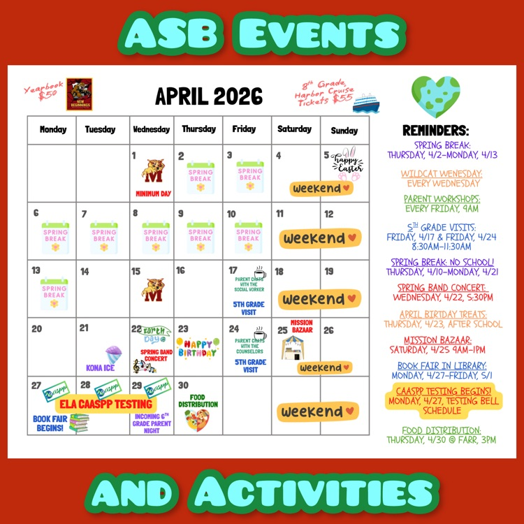 A calendar of ASB Events and Activities for April 2026