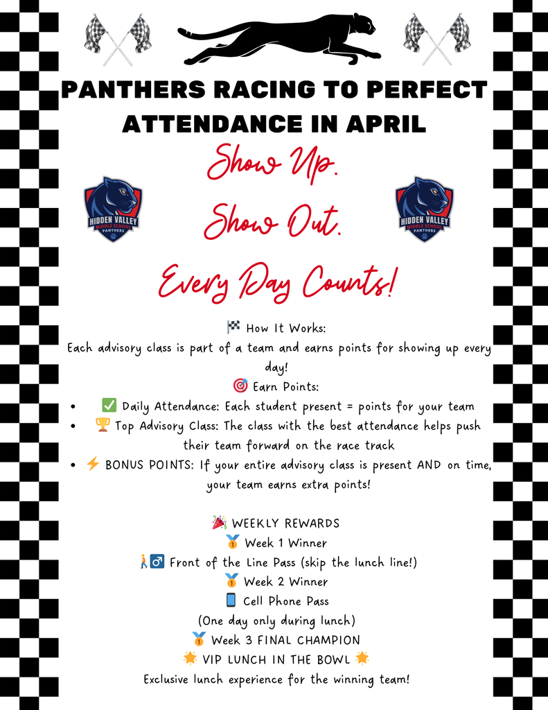 Poster for Hidden Valley Middle School’s April attendance challenge, “Panthers Racing to Perfect Attendance.” Students earn points for daily attendance, with weekly rewards including a lunch line pass, a one-day phone pass, and a final VIP lunch.