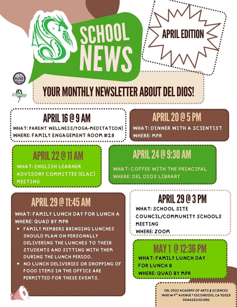 A green dragon next to the words "School News" a brown box behind the dates April 20 and April 29; a lime box behind the date April 22; a forrest green box behind the April 24 date; and a apple green box behind May 1. A one inch pale brown megaphone on the bottom right corner 