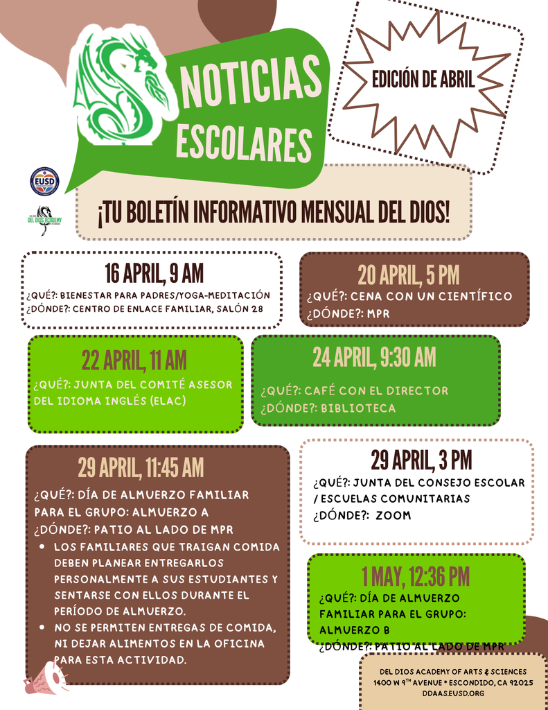 A green dragon next to the words "School News" a brown box behind the dates April 20 and April 29; a lime box behind the date April 22; a forrest green box behind the April 24 date; and a apple green box behind May 1. A one inch pale brown megaphone on the bottom right corner 
