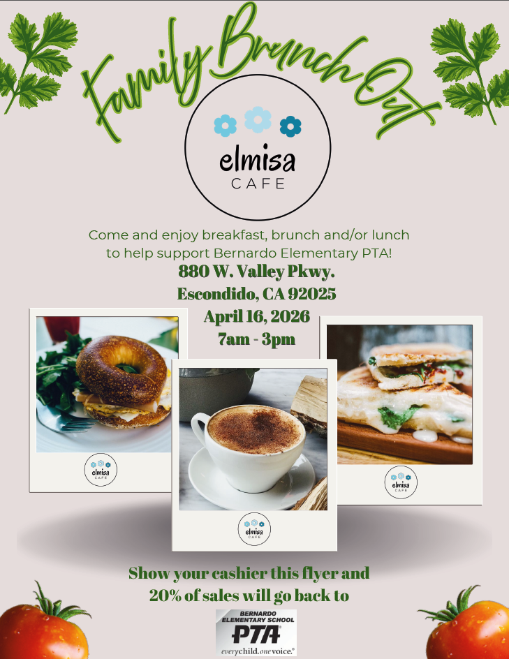 Flyer Family Night Out at Elmisa Cafe in Escondido Thursday April 16 from 7am to 3pm