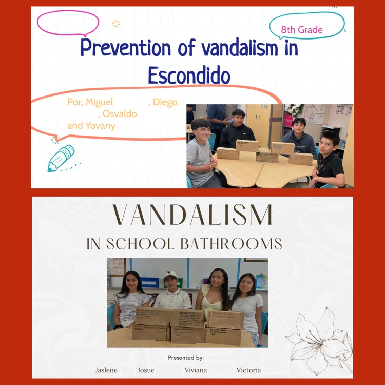 A collage of opening slides for the DLP presentations of "Prevention of Vandalism in Escondido" and "Vandalism in School Bathrooms"