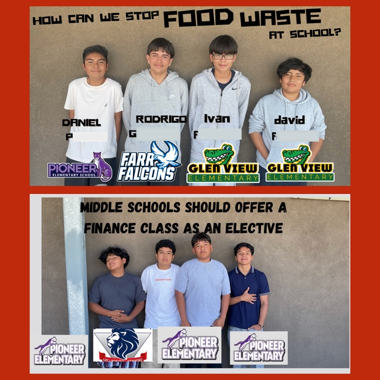 A collage of opening slides for the DLP presentations of "How Can We Stop Food Waste at School?" and "Middle Schools Should Offer a Finance Class as an Elective"