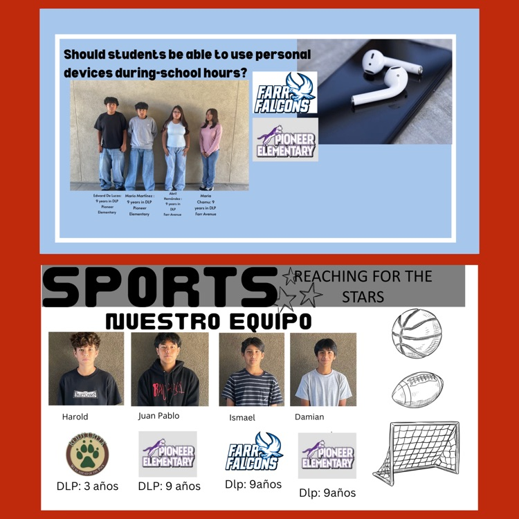 A collage of opening slides for the DLP presentations of "Should Students Be Able to Use Personal Devices During School Hours?" and "Sports: Reaching for the Stars"