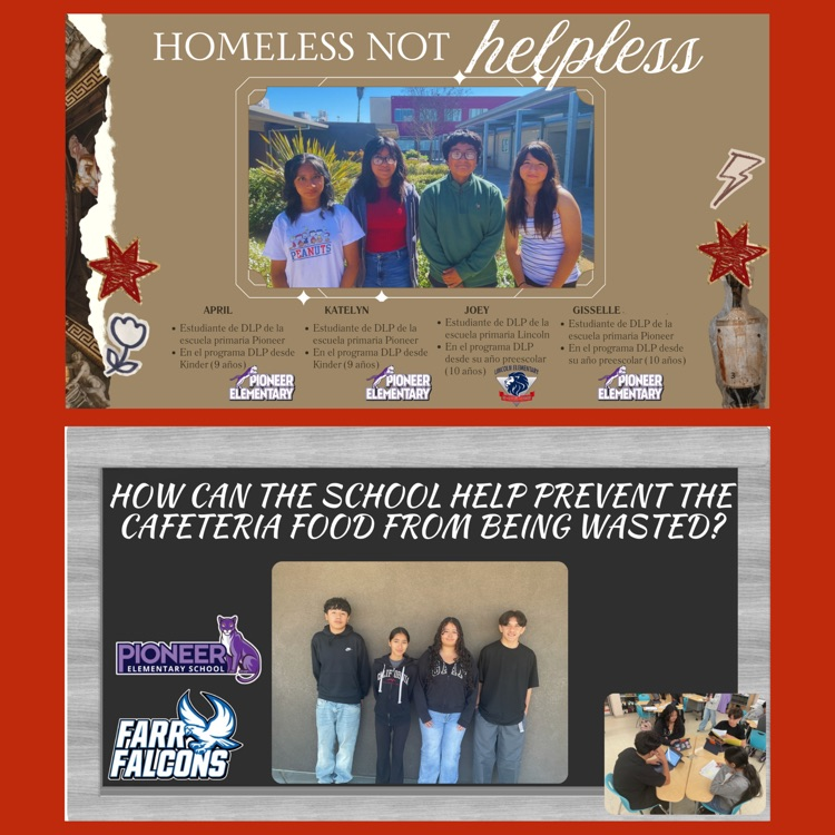 A collage of opening slides for the DLP presentations of "Homeless, Not Helpless" and "How Can the School Help Prevent the Cafeteria Food from Being Wasted?"